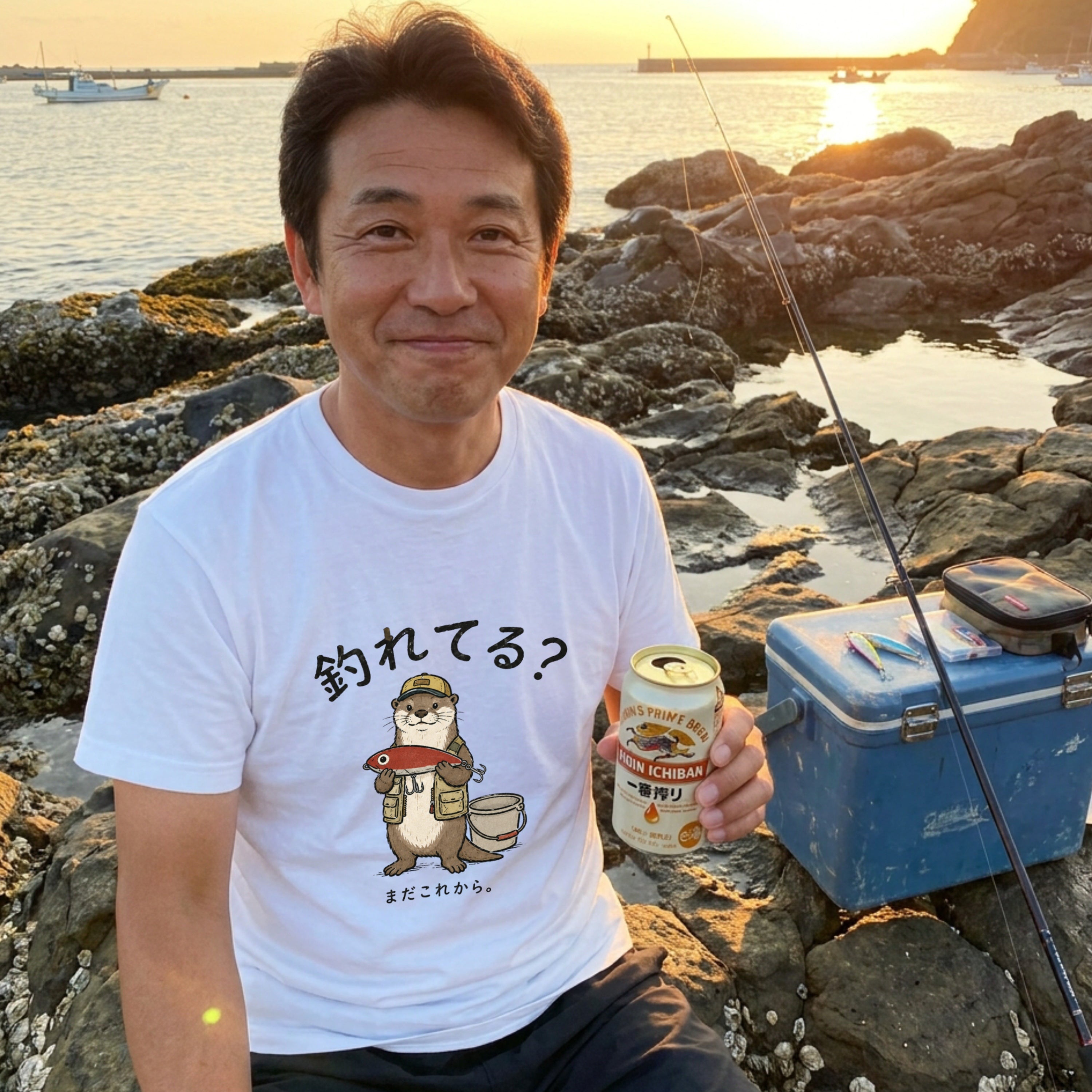 FISHING OTTER | ゆるかわ カワウソ 釣りガール 釣り男子 メッセージ グラフィック Tシャツ【動物雑貨・普段着・キャンプ・ユニセックス・ギフトに最適】